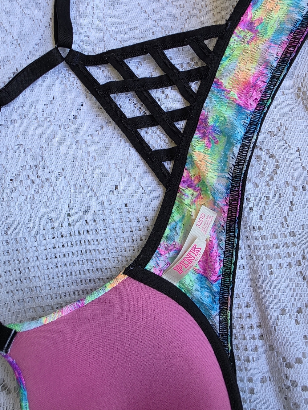 PINK Victoria's Secret Push Up Bra 32DD Front Closure Lace Underwire Padded Neon - Picture 10 of 12